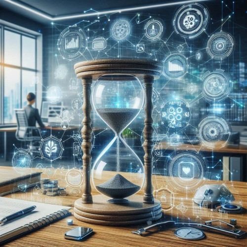 Imagen conceptual de transformación digital en empresas: oficina moderna con tecnología integrada, reloj de arena simbolizando eficiencia y gráficos de flujo. Datos analíticos en pantalla al fondo.